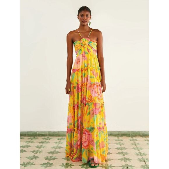 🌞 Farm Rio Yellow Macaw Bloom Maxi Dress 🦜 Size Medium – Sold Out Online - Picture 1 of 16